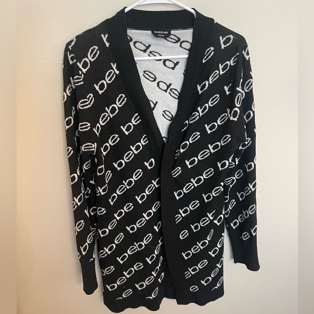 Bebe, Open Front Cardigan, Color Black and White, Size L